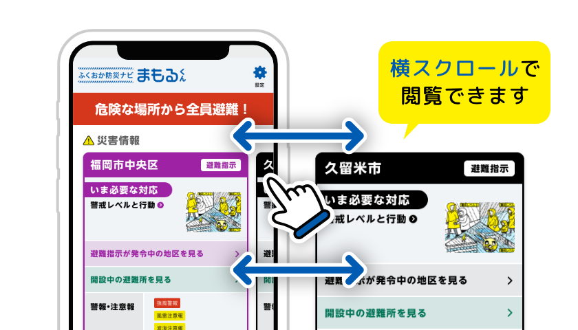 災害の情報や登録している市町村の情報をスマホの横スクロールで閲覧できます。