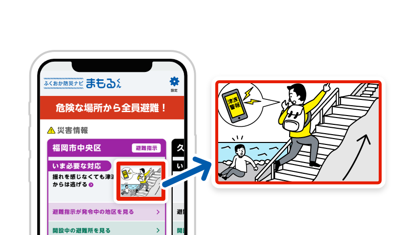 災害情報が出ている市町村別に、その場で今必要な行動をイラストで表示します。例：津波警報が来たことを周囲に知らせて高台へ逃げる様子。